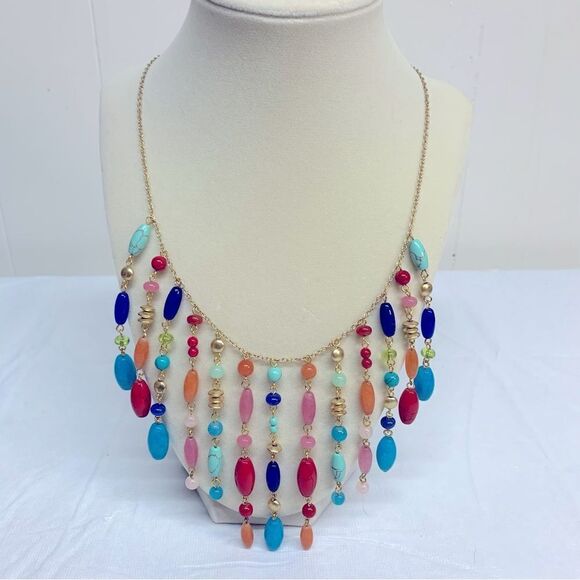 Glass Waterfall Necklace Multicolor Drop 26” Gorgeous - Picture 2 of 9
